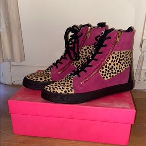 Betsey Johnson Pink and Tan Sneakers with High-Top Style and Leopard Print